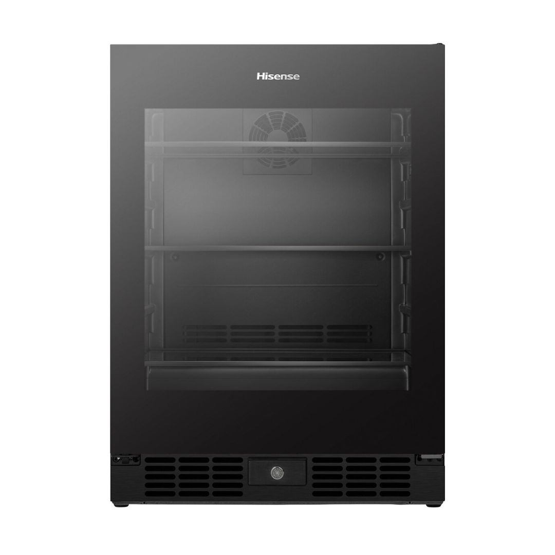Front view of the Hisense 140 can beverage cooler in a black finish with the door closed, showing the glass door and organised shelves.