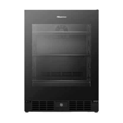 Front view of the Hisense 140 can beverage cooler in a black finish with the door closed, showing the glass door and organised shelves.