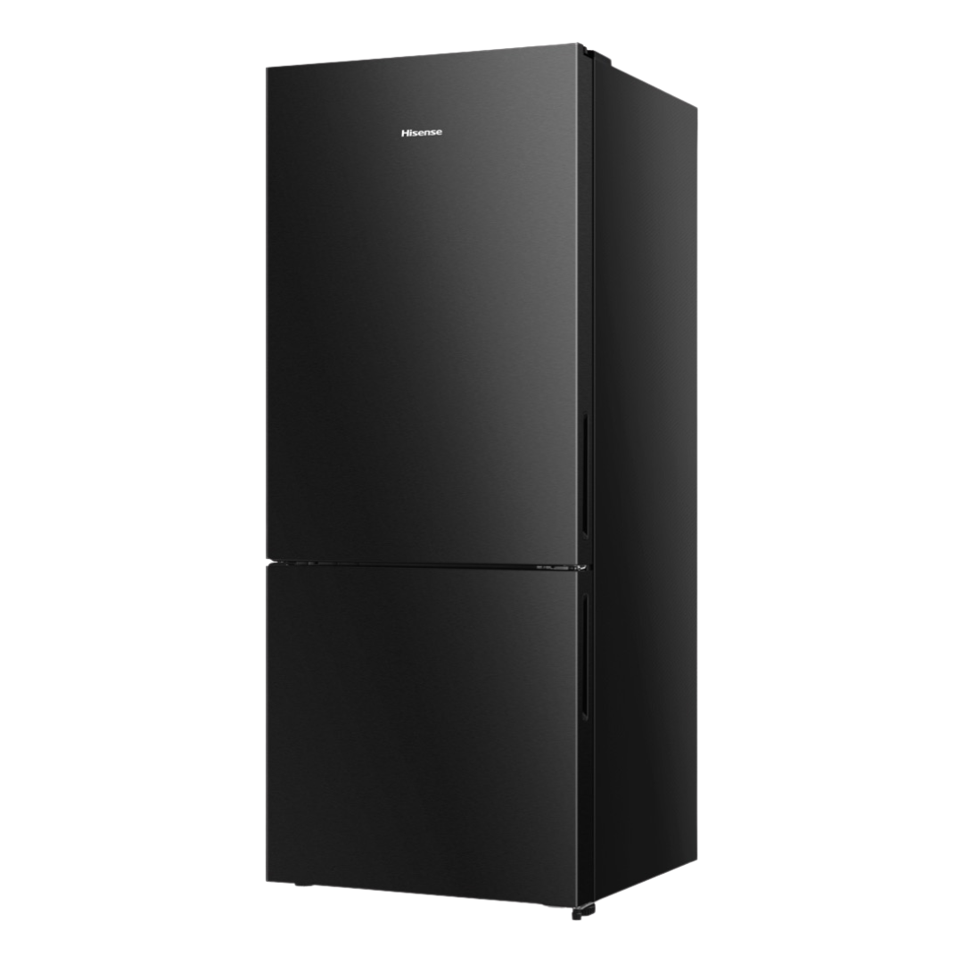 Angle view of the Hisense 417L bottom mount fridge in a black finish with the doors closed and the right side panel on display. 