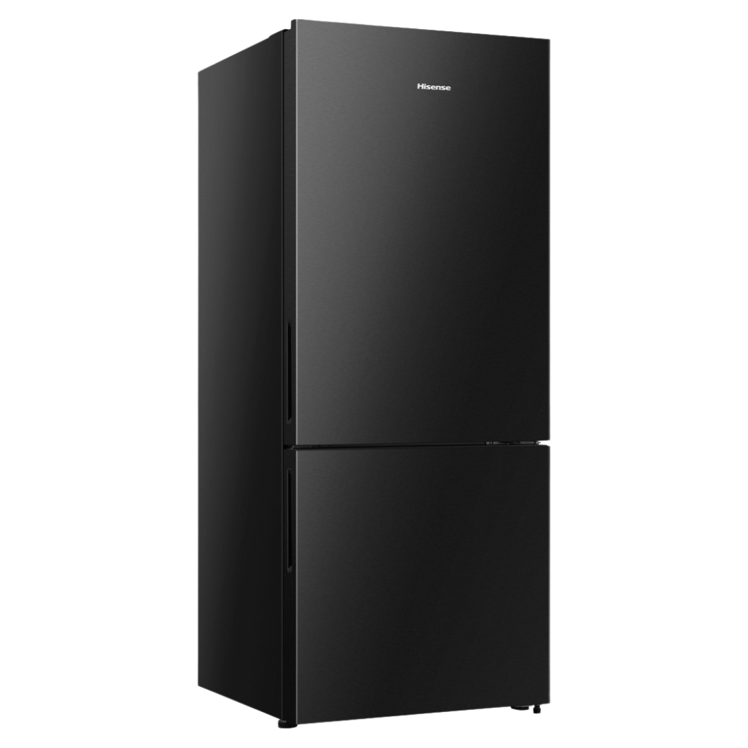 Angle view of the Hisense 417L bottom mount fridge in a black finish with the doors closed and the left side panel on display. 