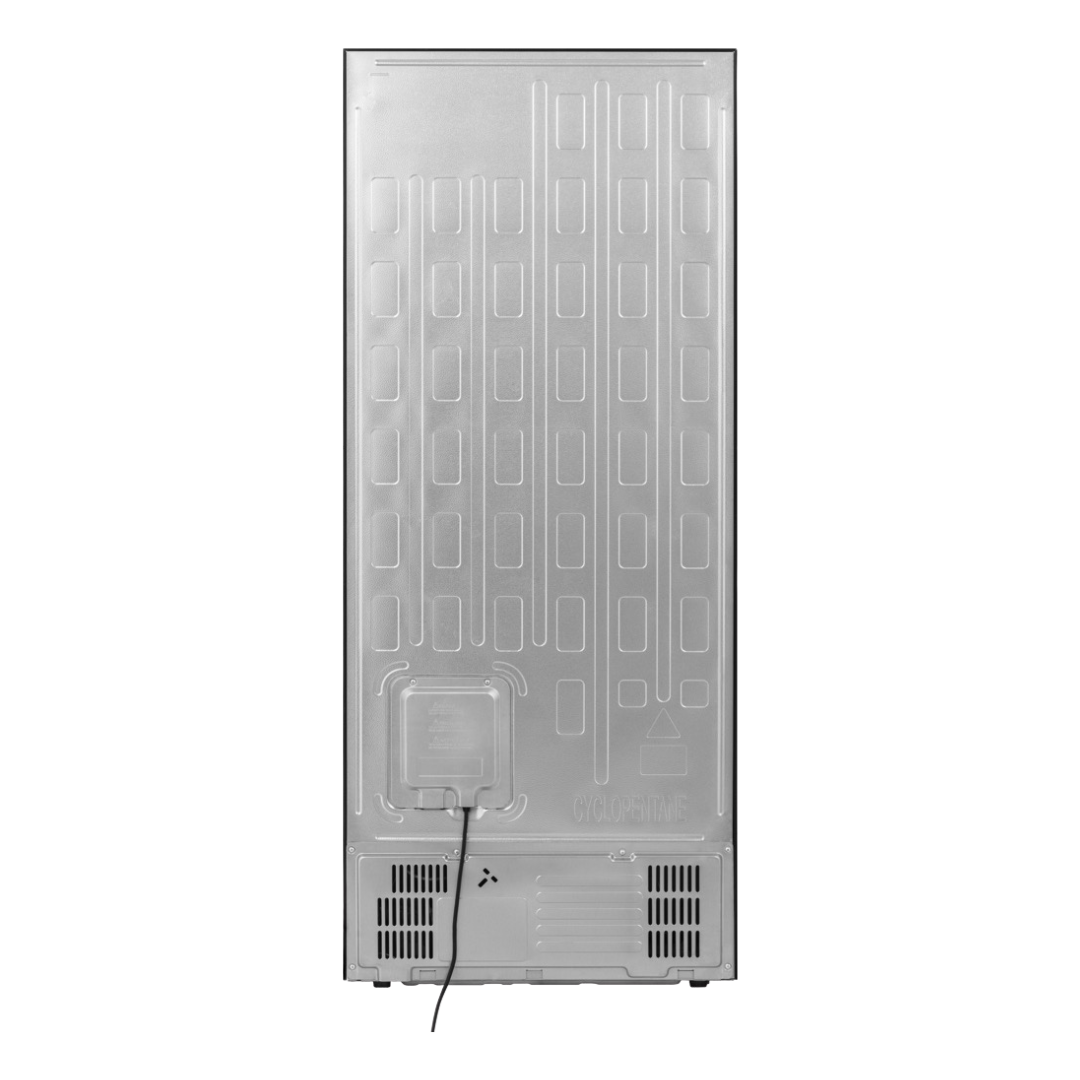 Back view of the Hisense 417L bottom mount fridge, showing the aluminium back panel, air vents and power cable.