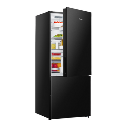 Angled view of the Hisense 417L bottom mount fridge in a black finish with the top door slightly opened. 