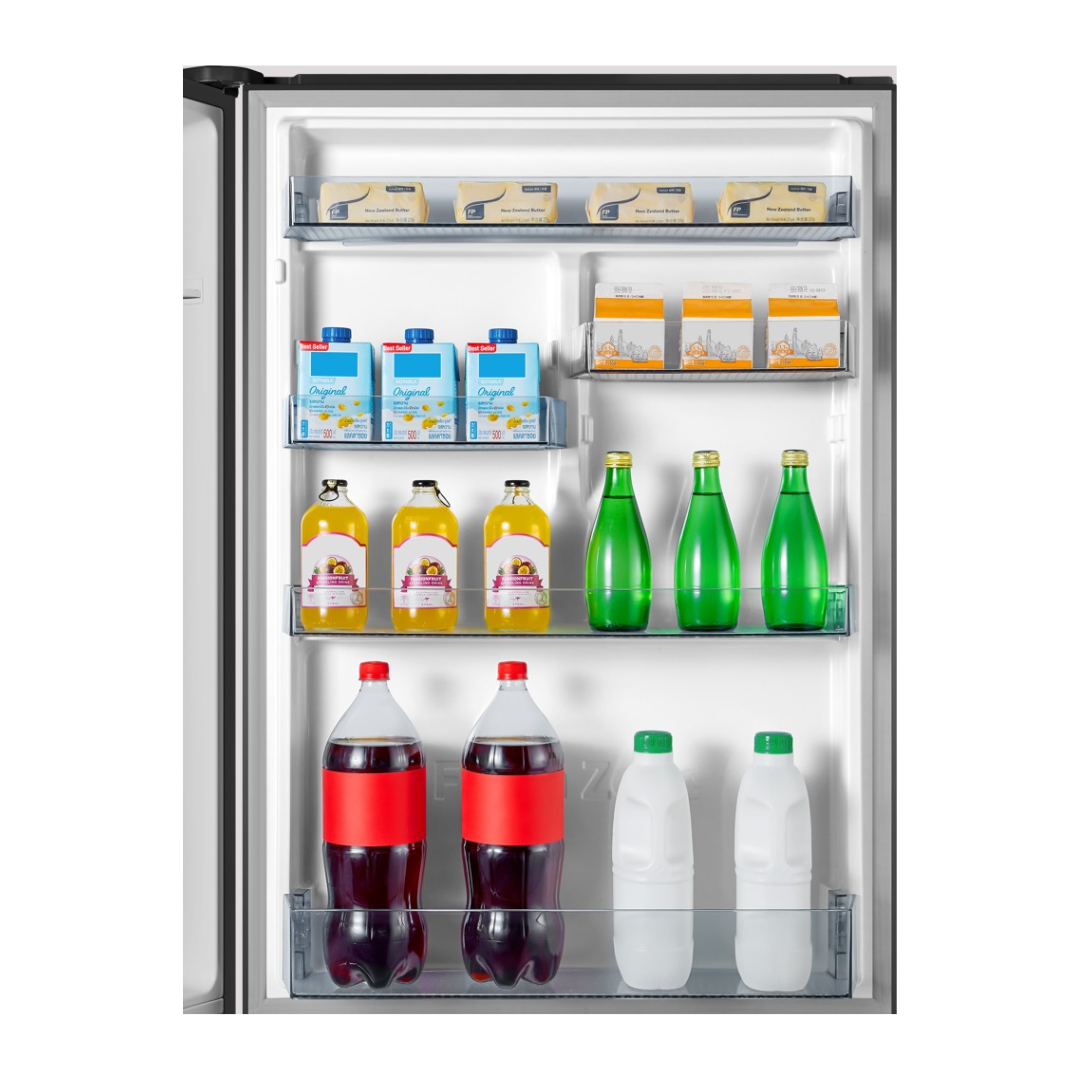 Front view of the Hisense 417L bottom mount fridge door bin storage.