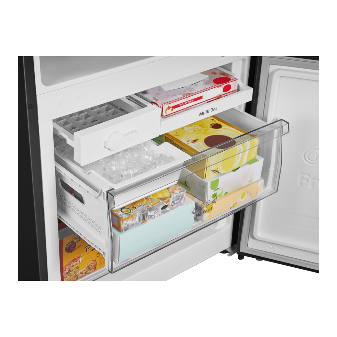 Close up view of the Hisense 417L bottom mount fridge freezer compartment, showing the no frost draw, multi box draw and ice tray compartment.