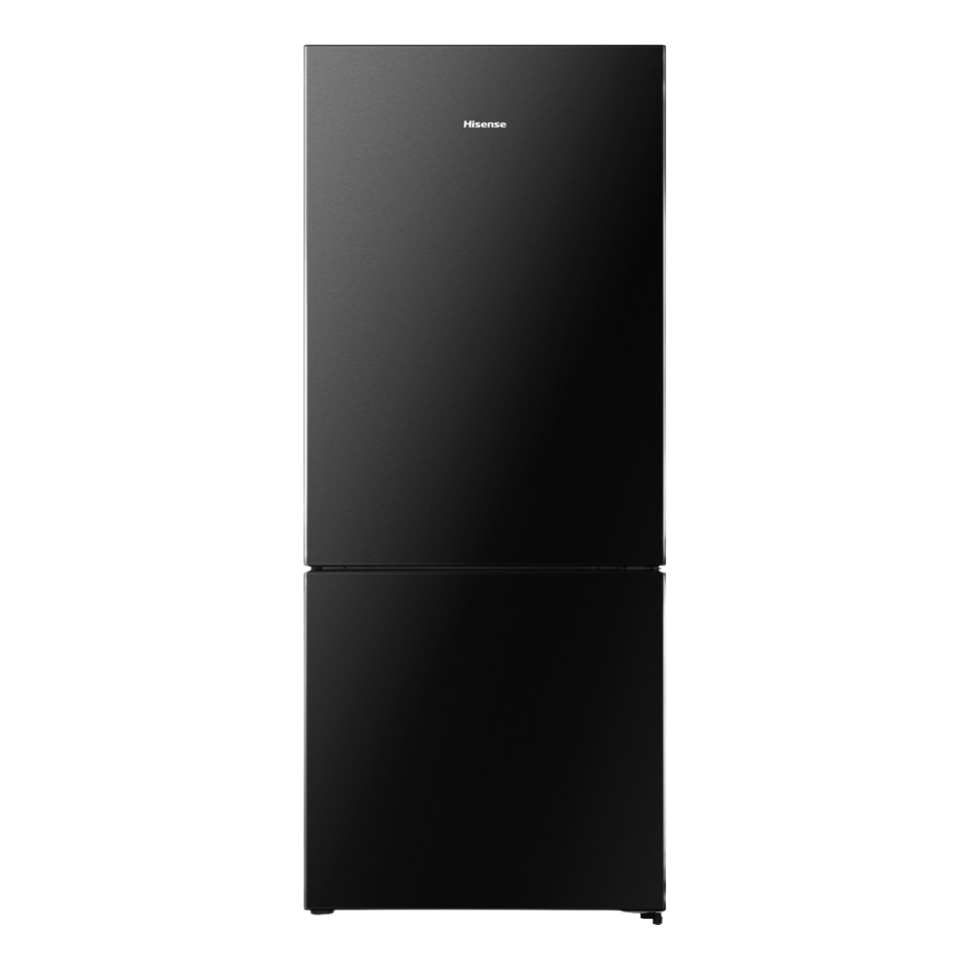 Front view of the Hisense 417L bottom mount fridge in a black finish with the doors closed.