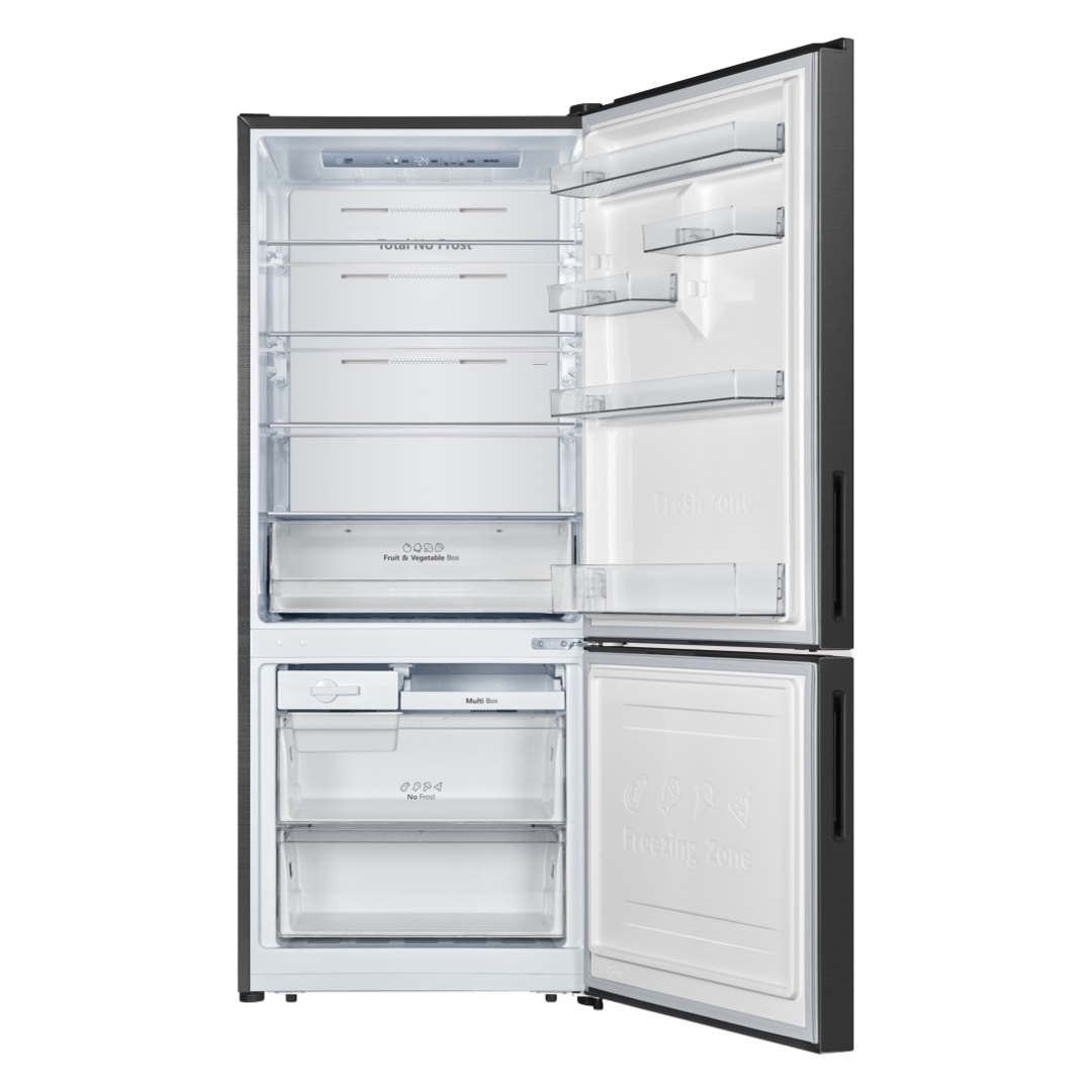 Front view of the Hisense 417L bottom mount fridge with the doors open, showing the organised shelves, fresh produce draws, door bins and freezer compartment storage. 