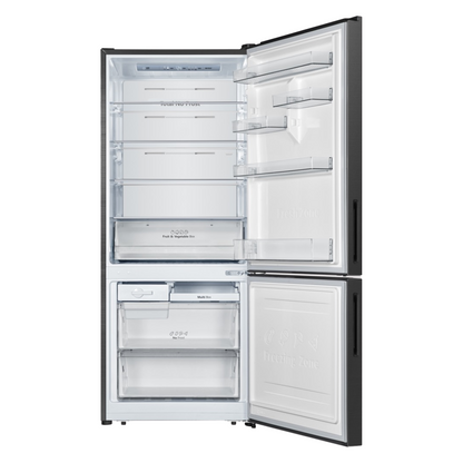 Front view of the Hisense 417L bottom mount fridge with the doors open, showing the organised shelves, fresh produce draws, door bins and freezer compartment storage. 