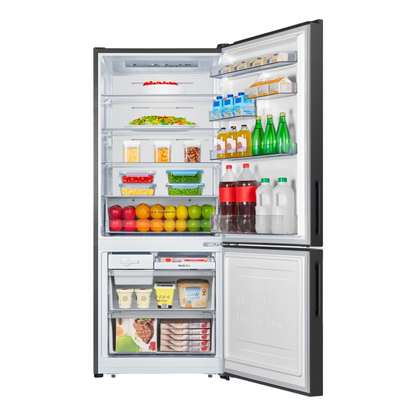 Front view of the Hisense 417 Bottom mount fridge with the doors open, showing organised shelves, fresh produce drawer, door bins and freezer compartment storage. 