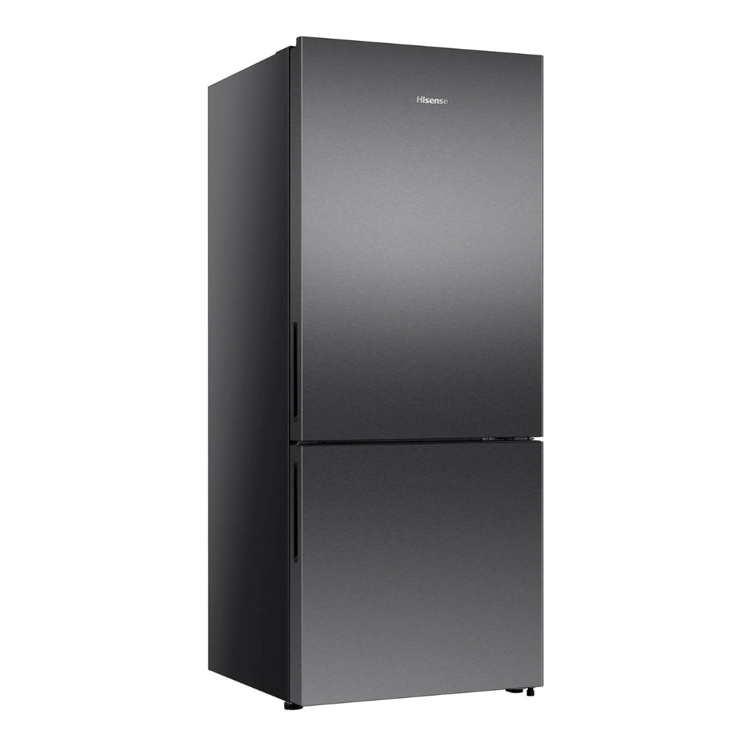 Angle view of the Hisense 417L bottom mount fridge in a dark stainless steel finish with the doors closed, showing the pure flat door design and the left side panel. 