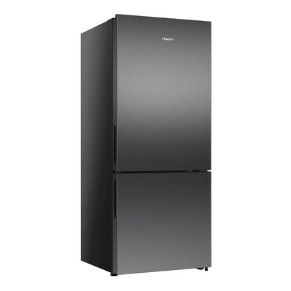Angle view of the Hisense 417L bottom mount fridge in a dark stainless steel finish with the doors closed, showing the pure flat door design and the left side panel. 