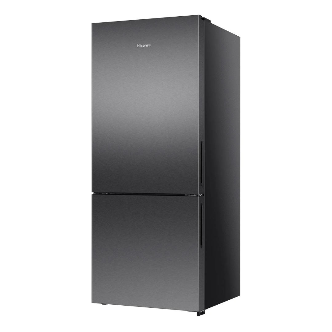 Angle view of the Hisense 417L bottom mount fridge in a dark stainless steel finish with the doors closed, showing the pure flat door design and the right side panel. 