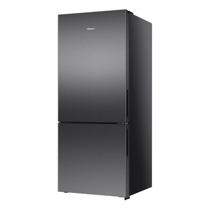 Angle view of the Hisense 417L bottom mount fridge in a dark stainless steel finish with the doors closed, showing the pure flat door design and the right side panel. 