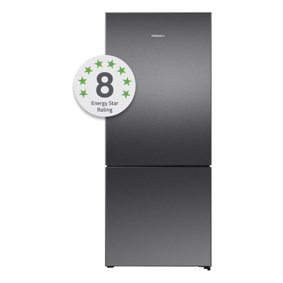 Front view of the Hisense 417L bottom mount fridge in a dark stainless steel finish with the doors closed showing the flat door design and a 8 star energy rating call out. 
