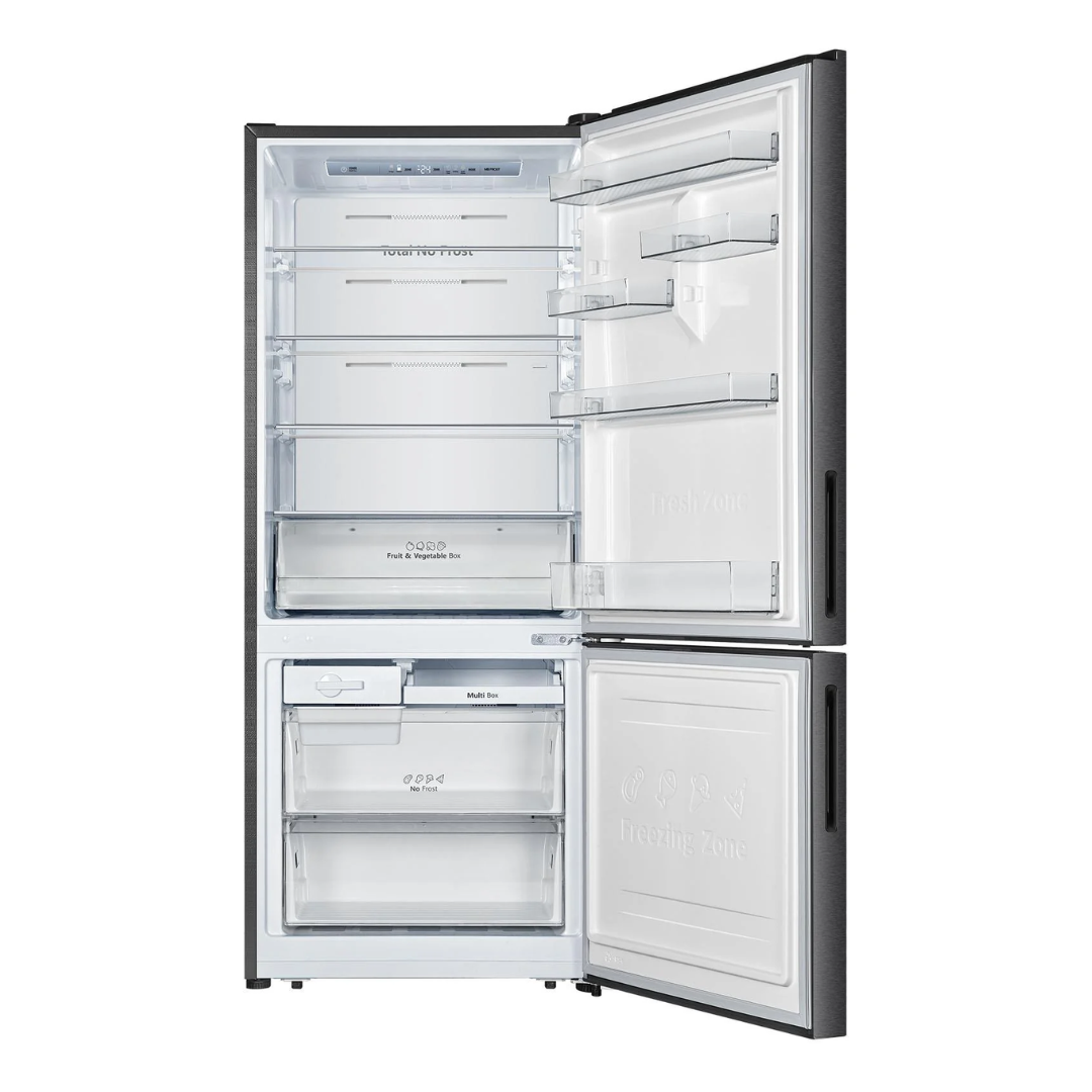 Front view of the Hisense 417L bottom mount fridge in a dark stainless steel finish with the doors open, showing organised shelves, fresh produce draw, door storage bins and freezer compartment storage.