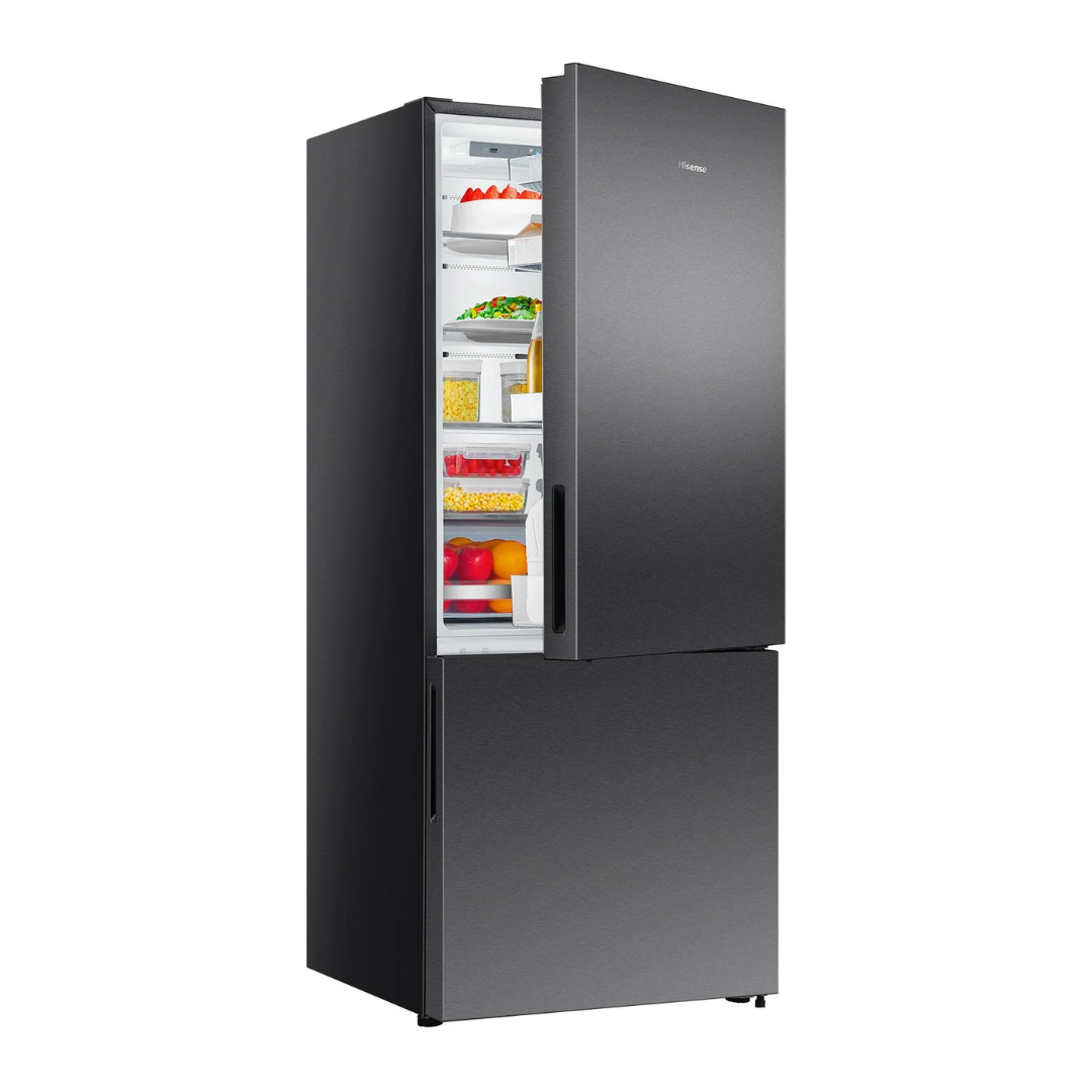 Angle view of the Hisense 417L bottom mount fridge in a dark stainless steel finish with the top door slightly open, showing organised shelves.
