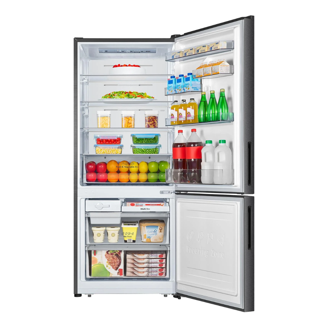 Front view of the Hisense 417L bottom mount fridge in a dark stainless steel finish with the doors open, showing organised storage, fresh produce draw, door bins storage and freezer compartment storage. 