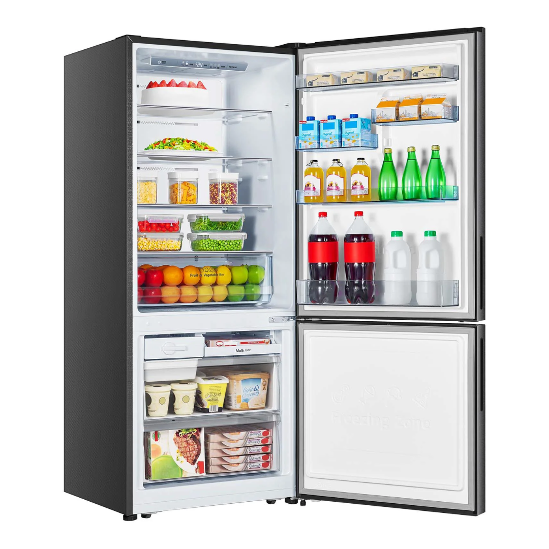 Angled view of the Hisense 417L bottom mount fridge in a dark stainless steel finish with the doors open, showing organised shelves, fresh produce draws, door bin storage and freezer compartments. 