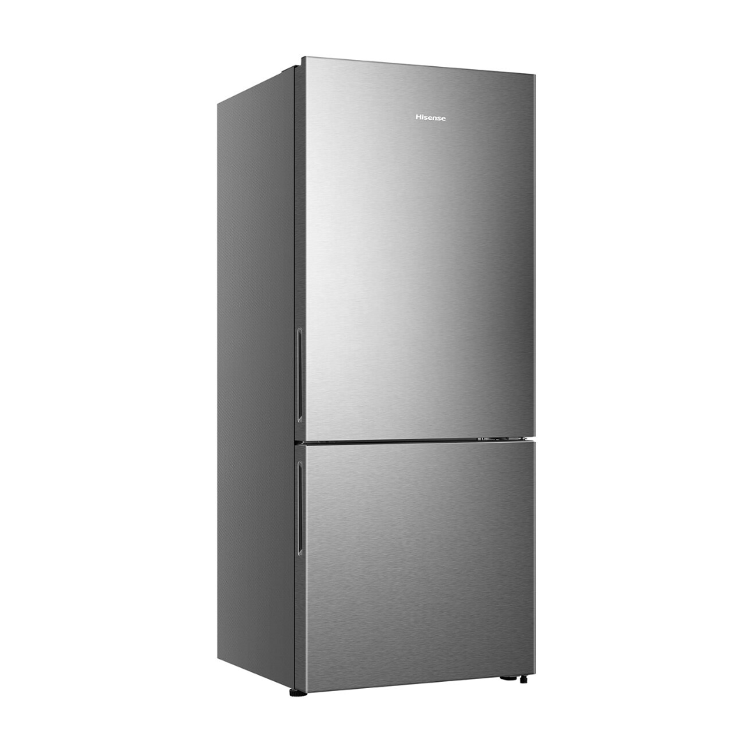 Angle view of the Hisense 417L bottom mount fridge with the doors closed, showing the pure flat door design and left panel on display.
