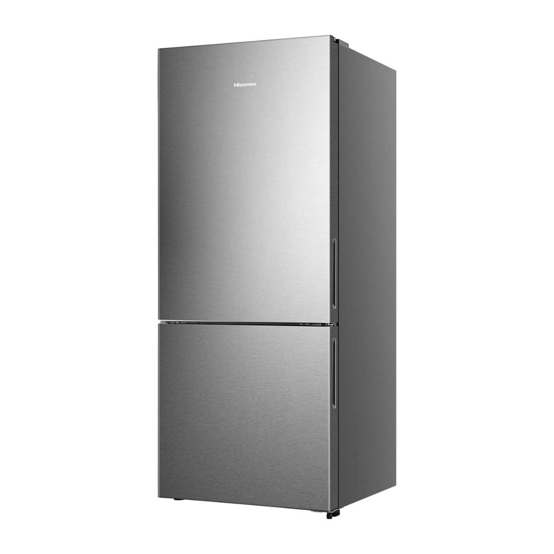 Angle view of the Hisense 417L bottom mount fridge with the doors closed, showing the pure flat door design and right panel on display.