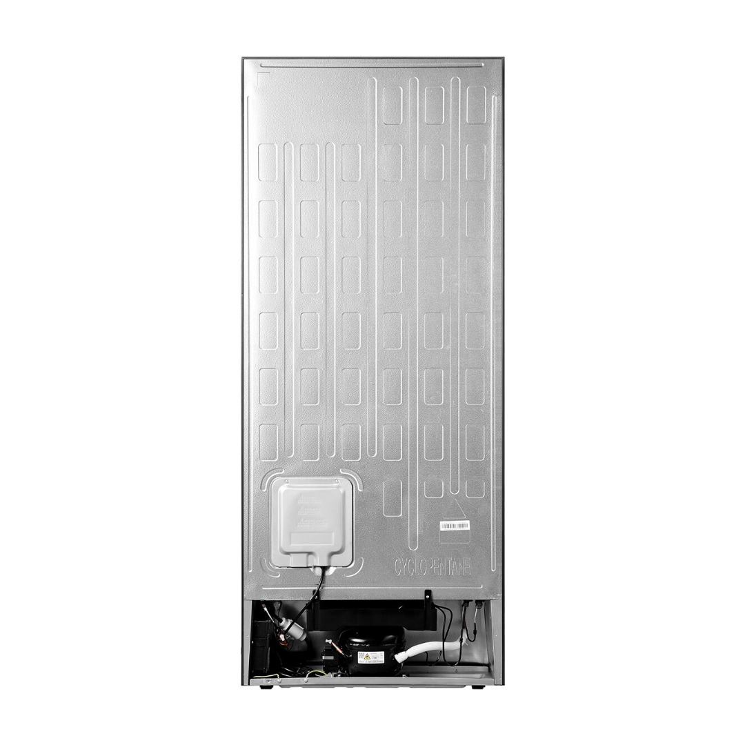 Back view of the Hisense 417L bottom mount fridge in a silver finish, showing the aluminium back panel, compressor and other parts,  and power cable
