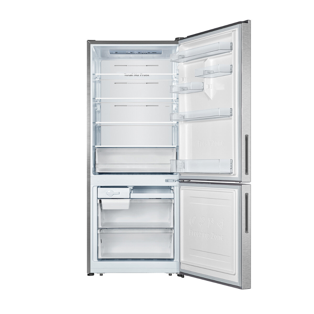 Front view of the Hisense 417L bottom mount fridge in a silver finish, showing organised shelves, fresh produce draw, door bin storage and freezer storage compartments. 