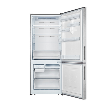 Front view of the Hisense 417L bottom mount fridge in a silver finish, showing organised shelves, fresh produce draw, door bin storage and freezer storage compartments. 