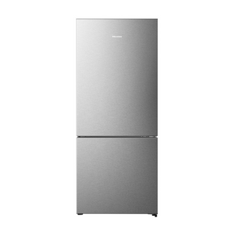 Front view of the Hisense 417L bottom mount fridge in a silver finish with the doors closed. 