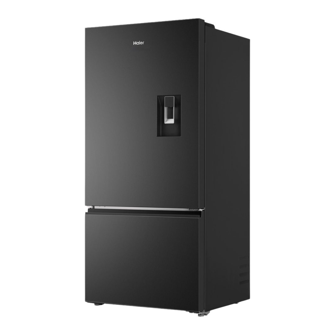 Haier Bottom Mount Fridge with a water dispenser in Black pictured at an angle
