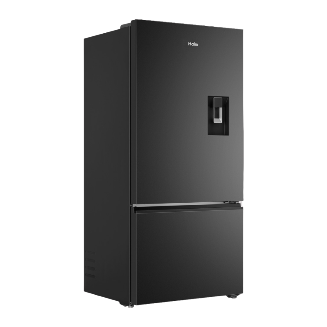 Haier Bottom Mount Fridge with a water dispenser in Black pictures at an angle