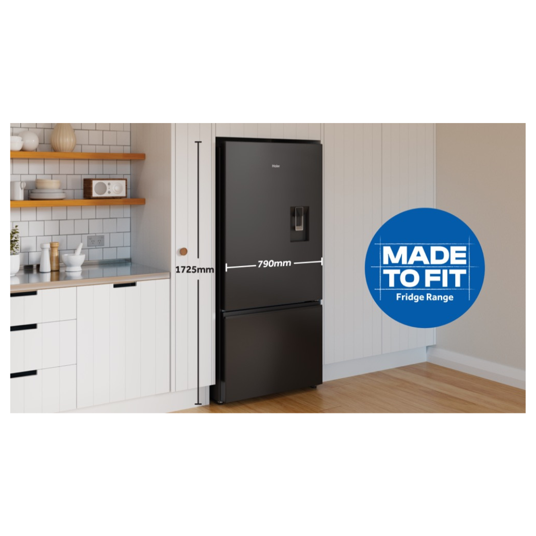 Haier Bottom Mount Fridge with a water dispenser in Black in a modern kitchen with dimensions for reference