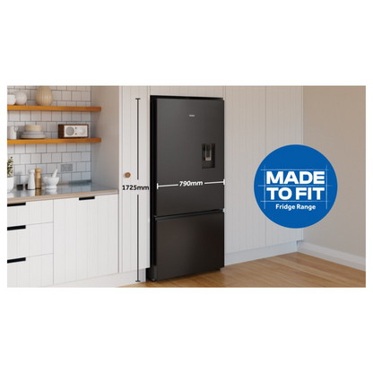 Haier Bottom Mount Fridge with a water dispenser in Black in a modern kitchen with dimensions for reference