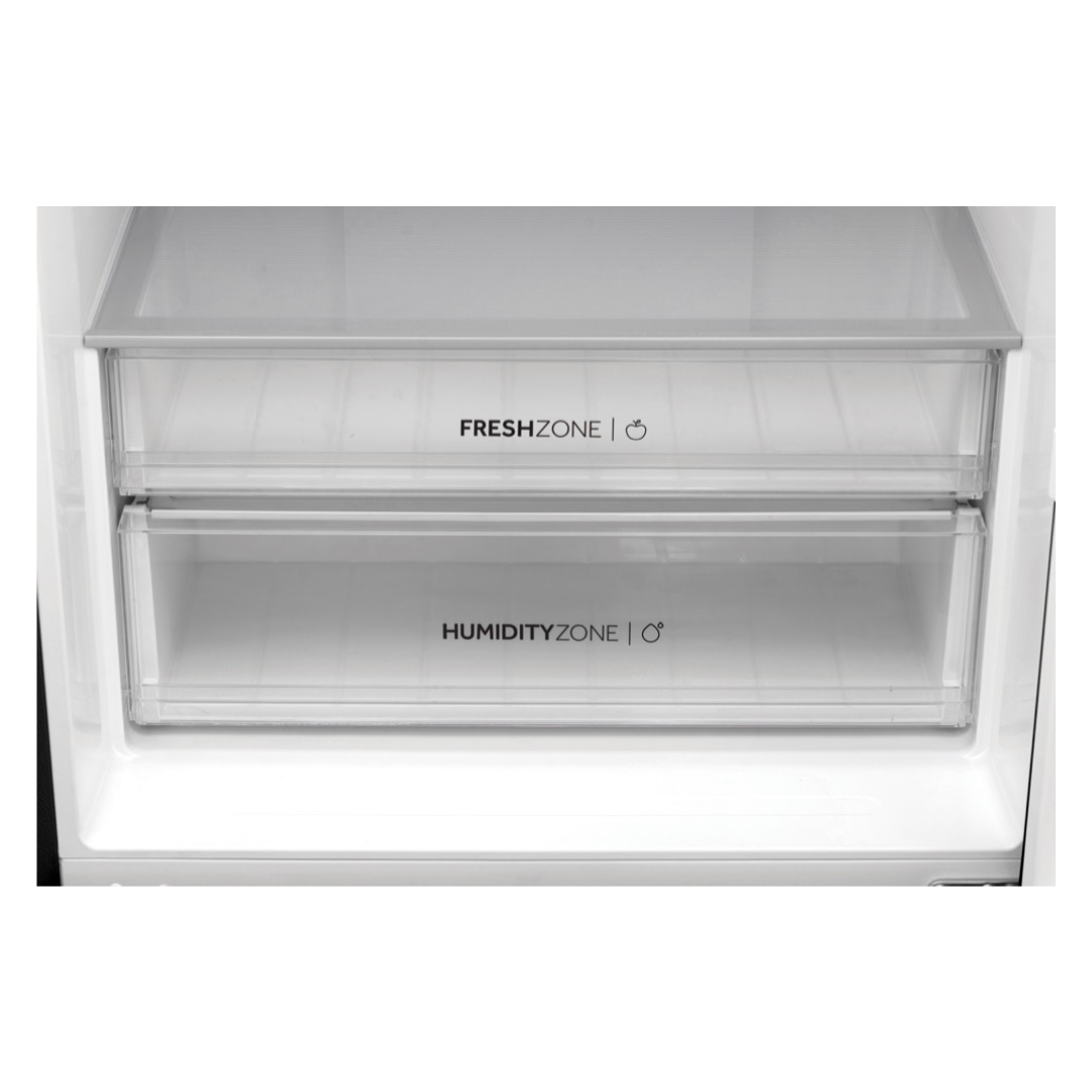 Haier Bottom Mount Fridge in Black showcasing it's storage draws and functions