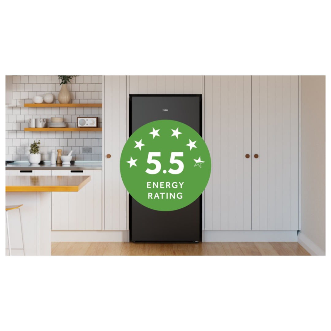 Haier Bottom Mount Fridge in Black in a modern kitchen setting with a 5.5 star energy rating