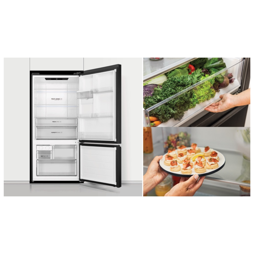 Haier Bottom Mount Fridge in Black in a modern kitchen with both it's doors open in the picture on the right as well as it's storage capabilities in the two pictures on the left 