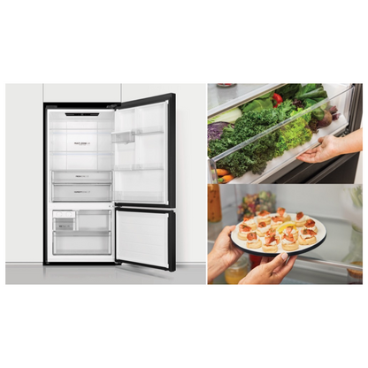 Haier Bottom Mount Fridge in Black in a modern kitchen with both it's doors open in the picture on the right as well as it's storage capabilities in the two pictures on the left 