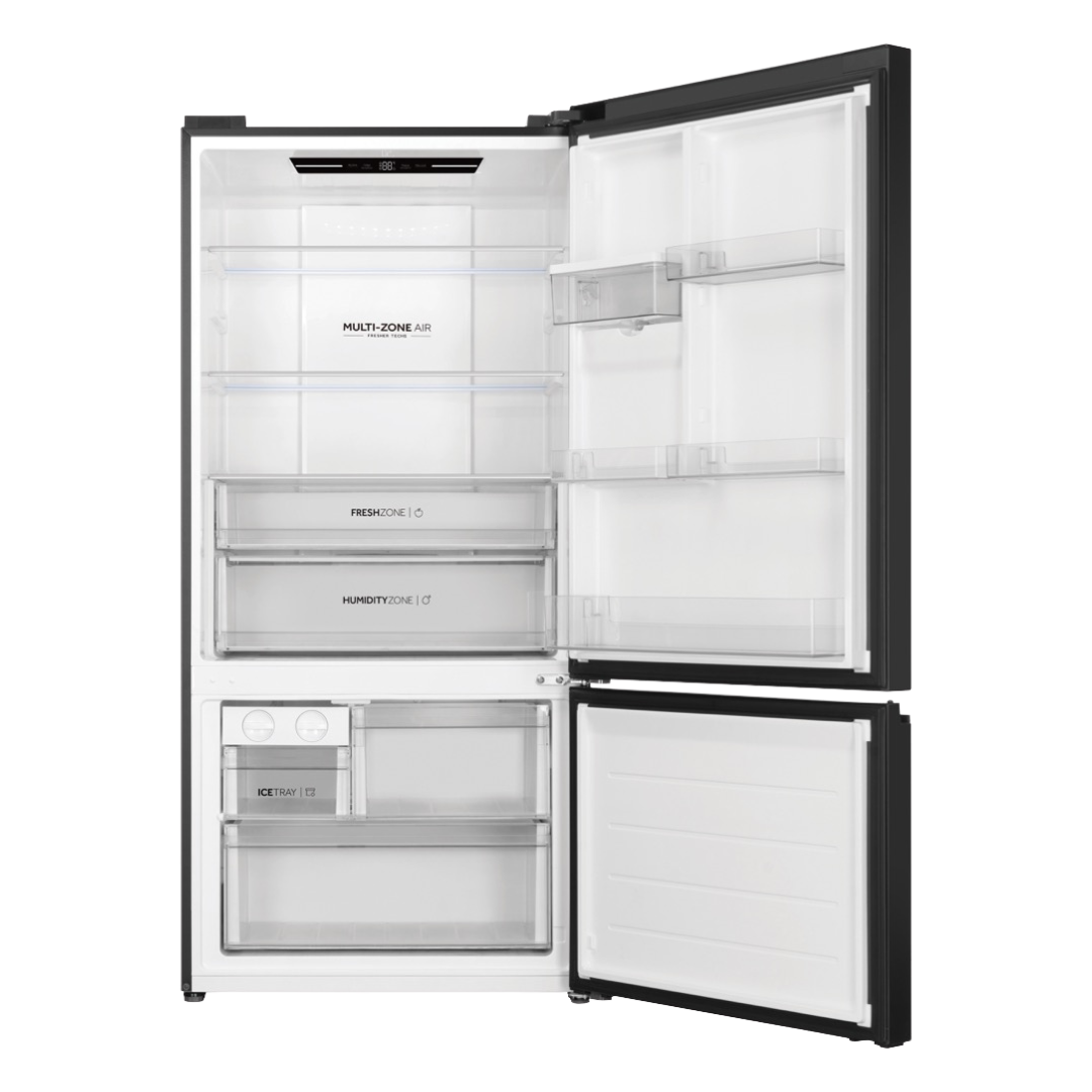 Haier Bottom Mount Fridge in Black with both doors open showcasing it's storage capacity