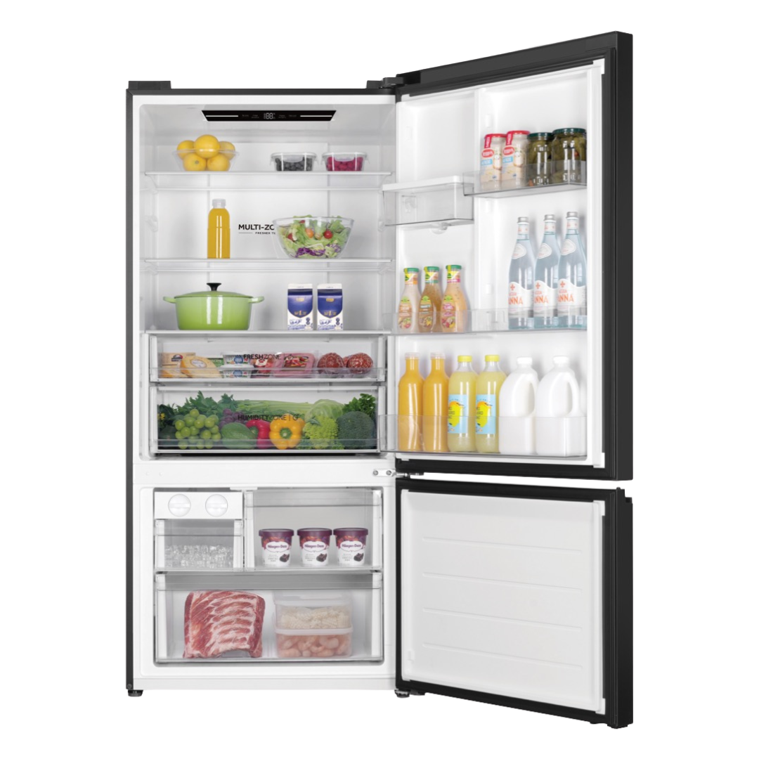 Haier Bottom Mount Fridge in Black with both doors open showcasing it's storage capacity