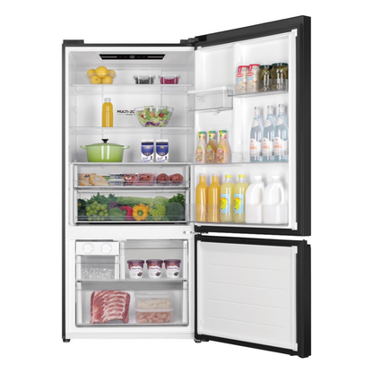 Haier Bottom Mount Fridge in Black with both doors open showcasing it's storage capacity