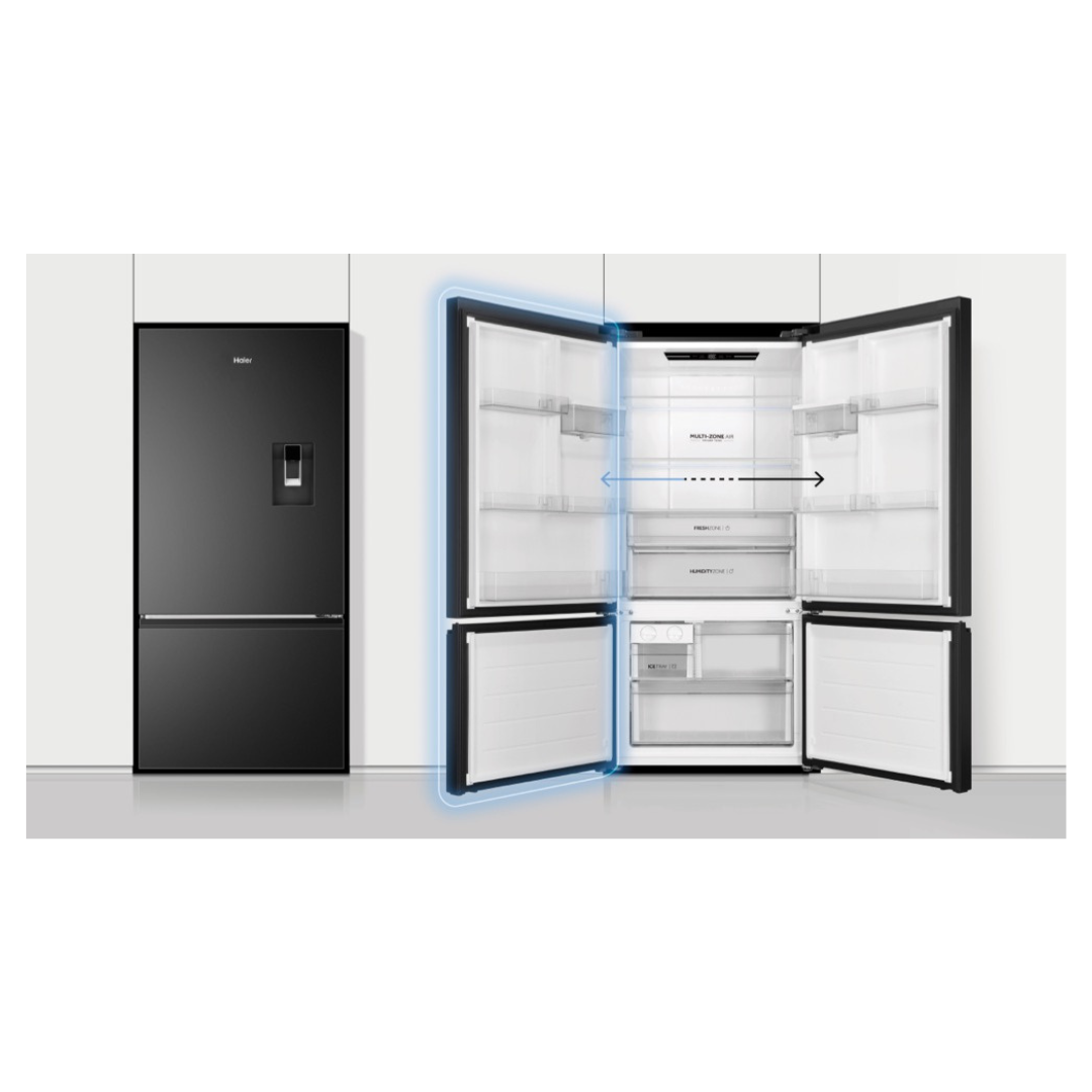 Haier Bottom Mount Fridge in Black in a modern kitchen illustrating it's ability to have a reversible door