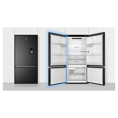 Haier Bottom Mount Fridge in Black in a modern kitchen illustrating it's ability to have a reversible door