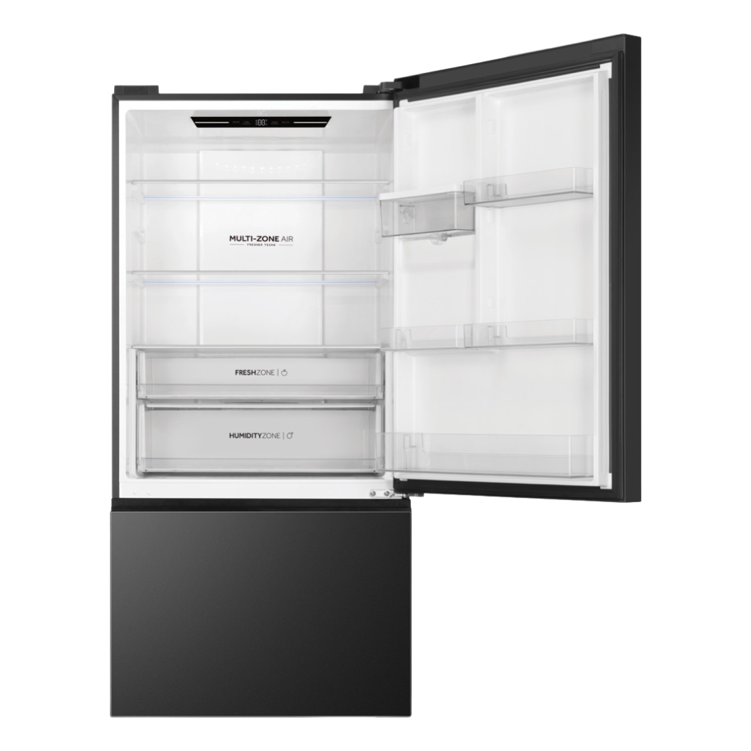 Haier Bottom Mount Fridge in Black with the top door open showcasing it's space