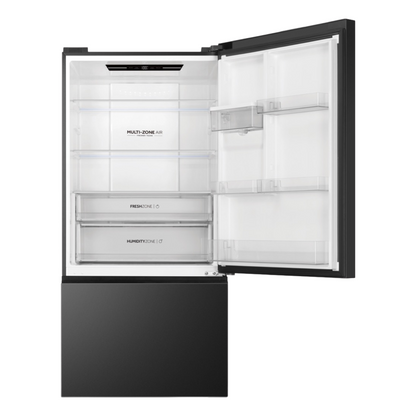 Haier Bottom Mount Fridge in Black with the top door open showcasing it's space