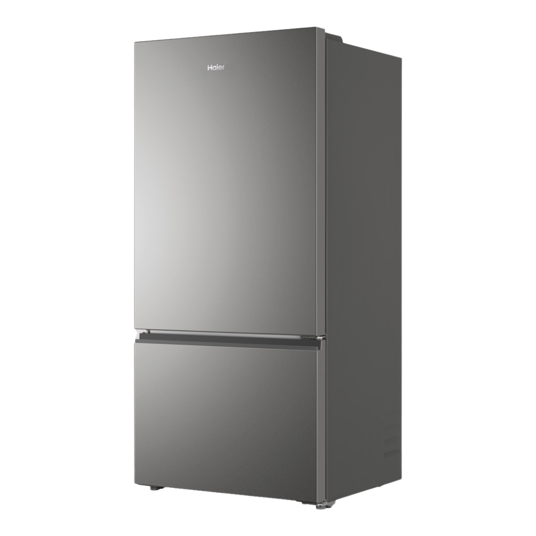 Haier Bottom Mount Fridge in Satina pictured at an angle