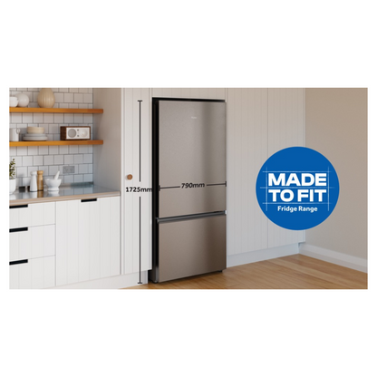 Haier Bottom Mount Fridge in Satina in a modern kitchen setting with dimensions for reference