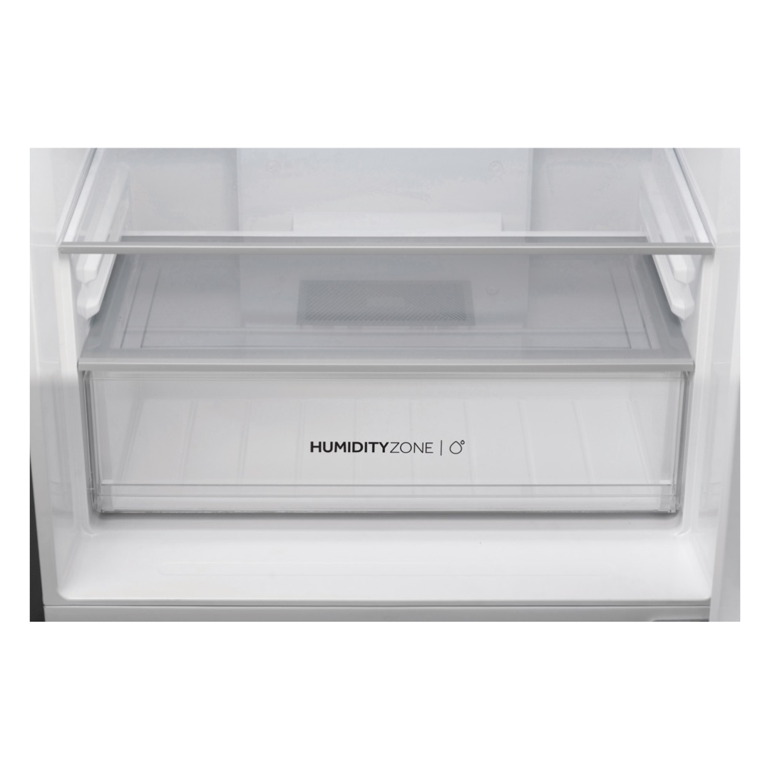 Haier Bottom Mount Fridge in Satina with the humidity zone draw on show