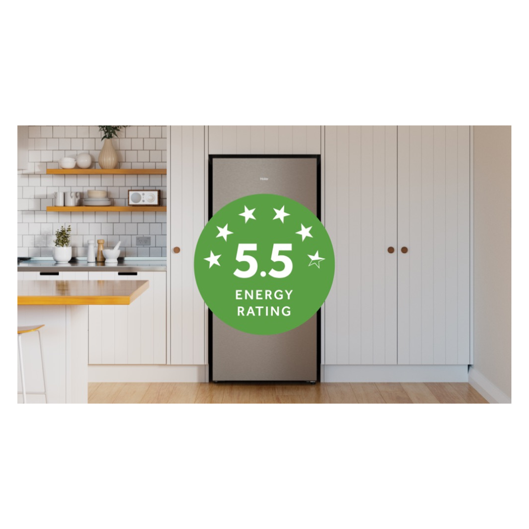 Haier Bottom Mount Fridge in Satina in a modern kitchen setting with a 5.5 star energy rating