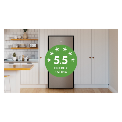 Haier Bottom Mount Fridge in Satina in a modern kitchen setting with a 5.5 star energy rating