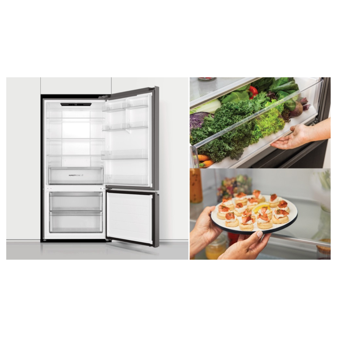 Haier Bottom Mount Fridge in Satina in a modern kitchen setting with both doors open in a modern kitchen setting in the right picture and storage capabilities in the left 2 pictures