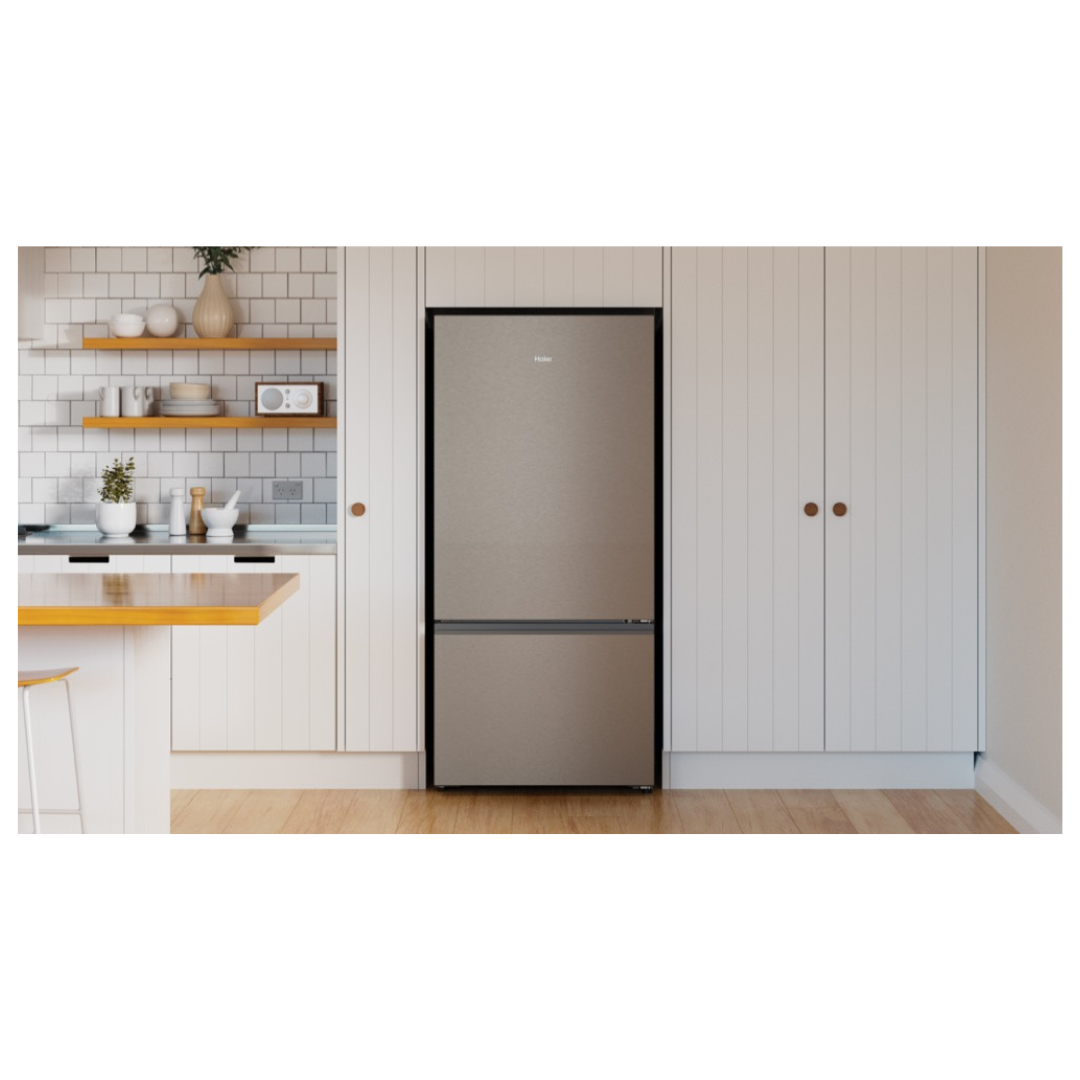 Haier Bottom Mount Fridge in Satina in a modern kitchen setting