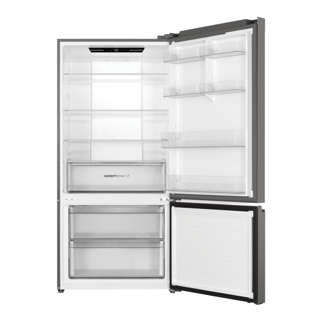 Haier Bottom Mount Fridge in Satina with both doors open showing it's storage capacity